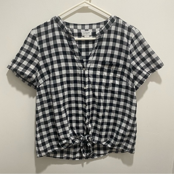 J Crew cotton short sleeve blouse tie black white check gingham lightwei…🌟 - Picture 1 of 4